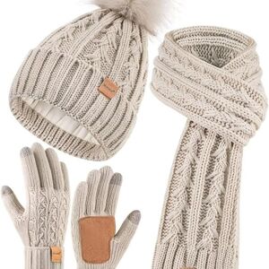 Womens Beanie Hat Scarf Gloves Set, Fleece Lined Winter Hat with Pom Pom